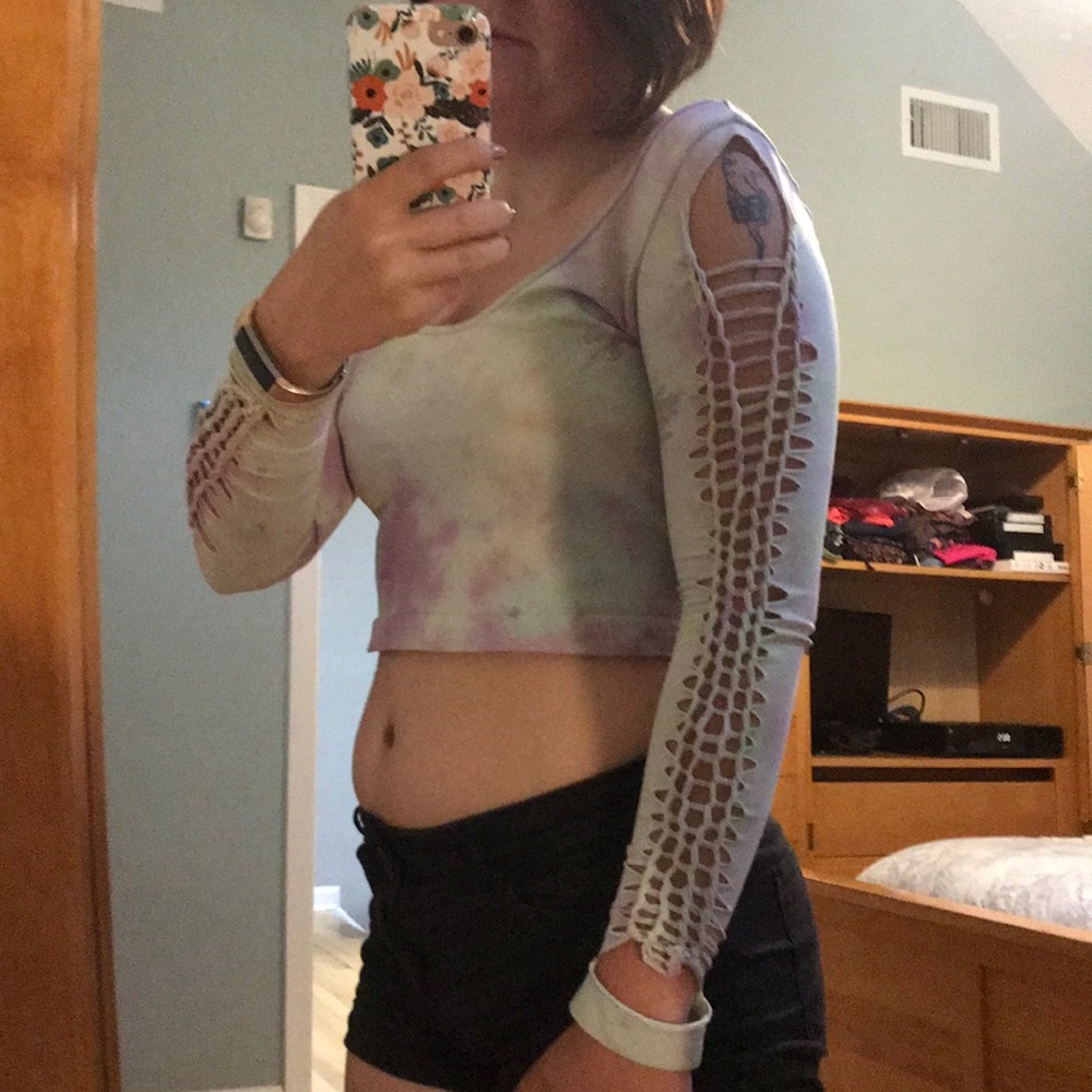 Tie dye long sleeved crop top with cut out detail